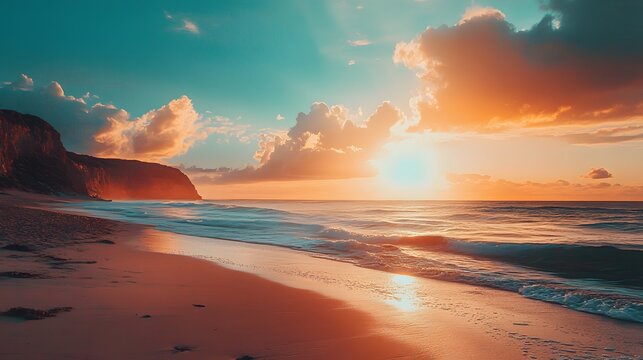 A stunning sunset over a sandy beach with turquoise water and a rocky cliff in the distance.