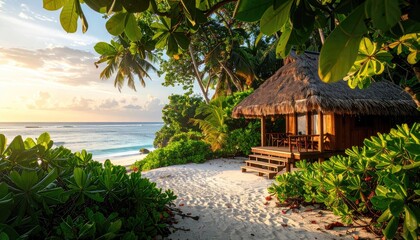Tropical Island Paradise Beach Hut Bungalow Overlooking Turquoise Ocean Water At Sunrise With Lush Green Foliage And White Sand Path