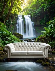 A luxurious white sofa positioned in front of a majestic waterfall deep in a lush, green forest, creating a surreal juxtaposition