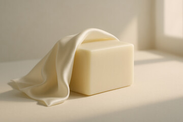 Minimalist Square Soap Bar Mockup with Silk Drape in Window Light