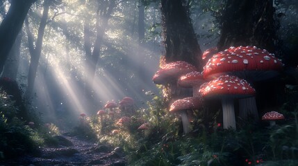 A sunlit path through a misty forest with red mushrooms.