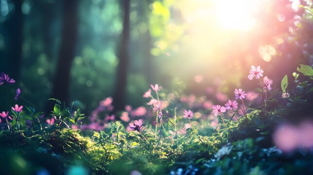 A sunlit forest floor with pink flowers blooming amidst lush greenery. - Powered by Adobe