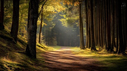 Obraz premium A sunlit path winds through a dense forest, dappled with golden light.