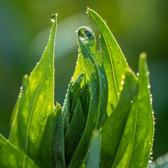 Close-up of green plant leaves with water droplets and soft focus
