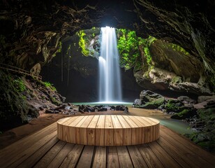 A mesmerizing view of a waterfall cascading into a pool within a natural cave. A wooden platform stands in front