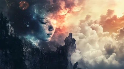 Stickers Meisjeskamer A surreal landscape with a face-shaped mountain emerging from the clouds, representing the duality of nature and human consciousness.  © Crafted