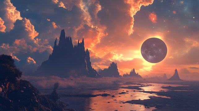 A surreal landscape with a dark planet in the sky, a lake and mountains in the foreground.