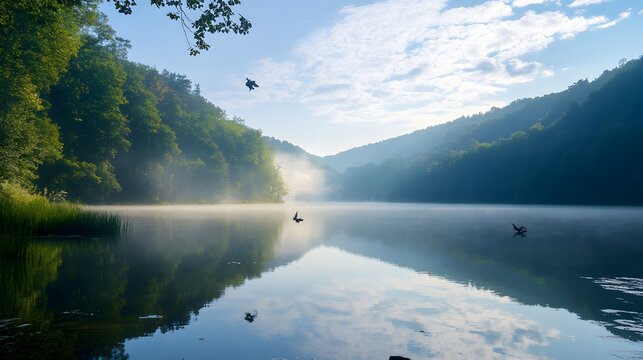 A tranquil lake with mist rising from the water, surrounded by lush green trees and a clear blue sky with wispy clouds.