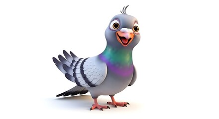 Adorable animated 3D pigeon character with a vibrant, cheerful smile, showcasing its playful personality against a clean white backdrop, ideal for engaging visual projects and children's content