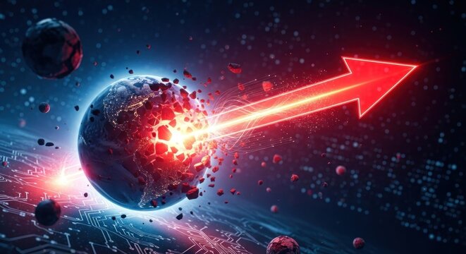 A red arrow pointing towards a shattered planet in a digital space with glowing particles and other celestial bodies.