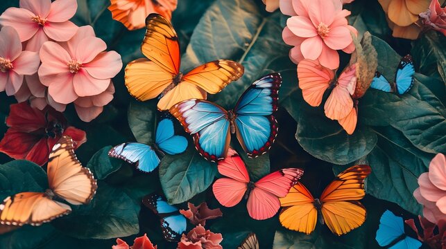 A vibrant and colorful array of butterflies flutter amidst a lush green foliage and delicate pink flowers.