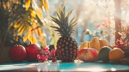 A vibrant pineapple and assorted fruits on a table with a blurred tropical background.