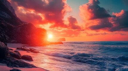 A vibrant sunrise paints the sky with fiery hues as the sun rises over the ocean, casting a golden glow on the sandy beach and rocky coastline.