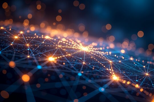 A futuristic digital network of glowing nodes and connecting lines, symbolizing data flow, connectivity, or AI innovation  set against a deep blue backdrop with warm bokeh lights.