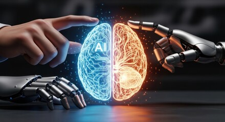 Two robotic hands interacting with a brain-like structure, one hand pointing towards the other.