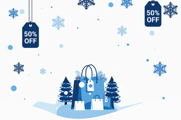 Winter Sale in Blue Theme Background with Snowflake, Price tag, Shopping bag, and Christmas Tree. Vector illustration.