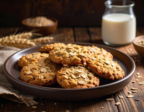 Close-up of baked oatmeal cookies on a brown plate, surrounded by ingredients and a glass of milk on rustic wood