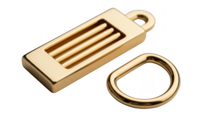 A gold zipper pull and a gold dring hardware, isolated on transparent background