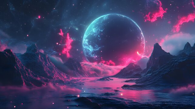 A vibrant, futuristic landscape with a glowing blue moon, pink clouds, and mountains reflected in a still lake. - Powered by Adobe