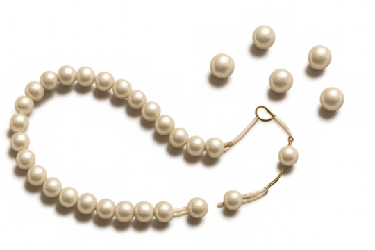 Broken pearl necklace losing its beads, symbolizing loss of wealth, luxury, and misfortune, transparent background