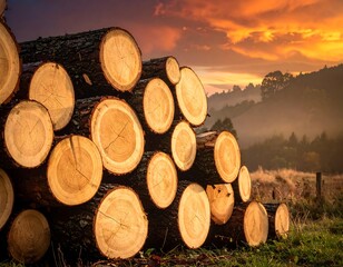A pile of freshly cut tree logs rests on the ground. A gorgeous sunset sky illuminates a distant hill shrouded in mist