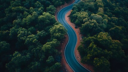 A winding asphalt road snakes through a dense forest, seen from a high aerial perspective.