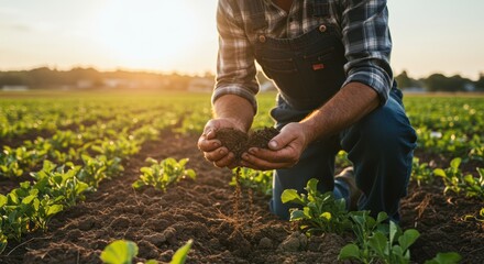 Fototapeta premium A farmer feeling the soil with their hands, judging its moisture and quality.