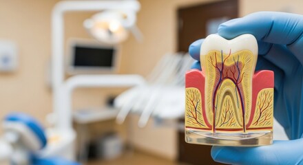 A dental model of a tooth with a root and enamel, held in a gloved hand in a dental office.