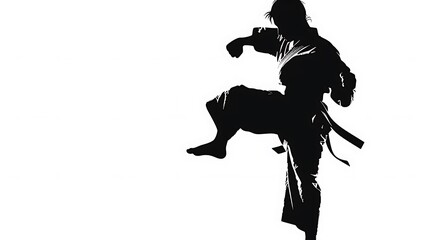 Silhouette of a martial artist in action performing a high kick in a karate stance on white background