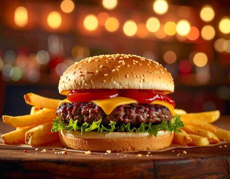 Close-up of a delicious cheeseburger with sesame seed bun, lettuce, tomato, ketchup, and a side of golden French fries on a wood surface