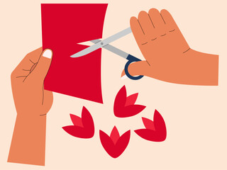 Human hands are making crafts with origami paper, he cuts it to make a flower. Craft vector illustration. Flat illustration concept.