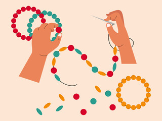 Human hands are making crafts, she is making a bracelet with colourful beads, the tools she uses such as needles, scissors and beads. Craft vector illustration. Flat illustration concept.