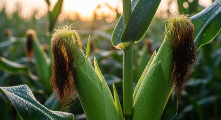 Close-up of Corn on the Cob in a Field Bathed in Soft Morning Sunlight Revealing the Beauty of