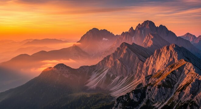 Sunrise over mountain peaks with colorful sky and mist