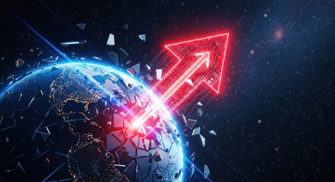A red arrow pointing upwards with a digital circuit board design on a globe in space.