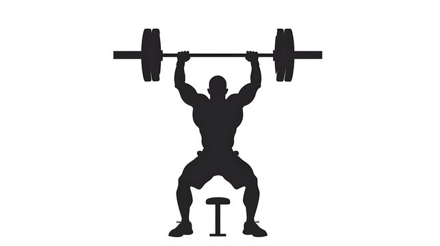 Silhouette of weightlifter lifting barbell overhead in a squat position with a bench behind him