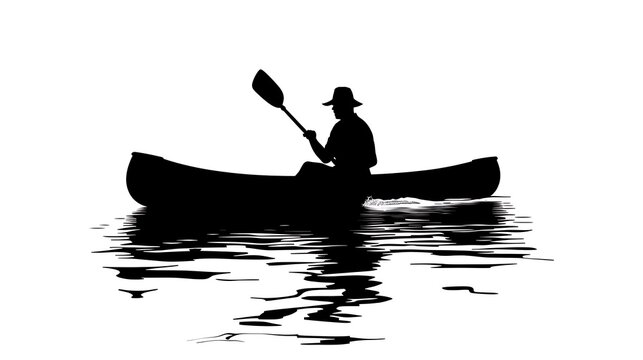 Silhouette of a person in a canoe paddling on water with reflections in a white background scenery