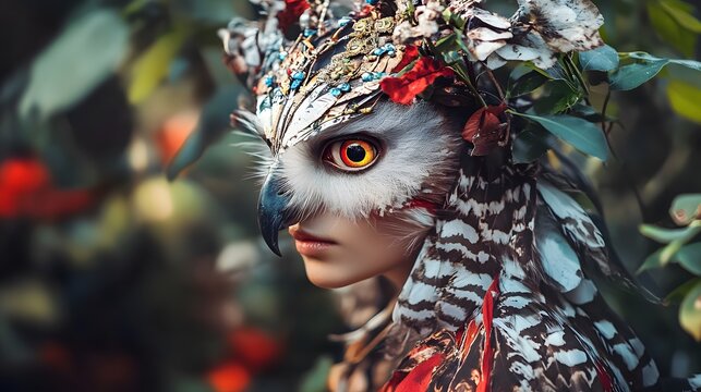 A woman in a feathered owl mask with red eyes and a flower crown stands among red blossoms and green leaves. - Powered by Adobe