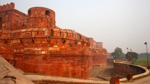 Agra, Uttar pradesh , India - February 2, 2022: Red Fort Delhi Agra, one of the tourist attractions in India. Agra Fort is a historic red sandstone fort and a UNESCO World Heritage Site.