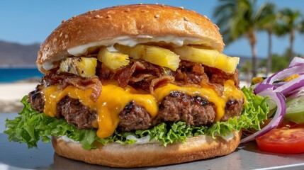 Gourmet Burger Beach, Cheeseburger, Grilled Pineapple, Bacon