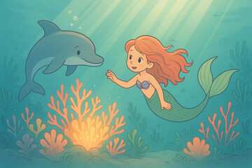 Fototapeta premium Joyful mermaid girl meets friendly dolphin in magical underwater world