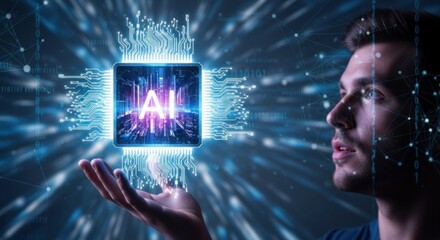 A man holding a computer chip with the letters 'AI' on it, surrounded by digital and technological elements.