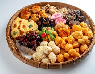 Colorful assortment of pastries and snacks arranged in a woven basket