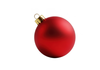A single, matte red christmas ornament with a gold loop, isolated on a transparent background