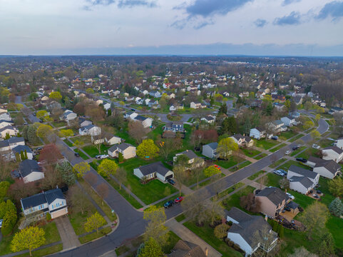 Historic residential district aerial view in spring in city center of Novi, Oakland County, Michigan MI, USA. 