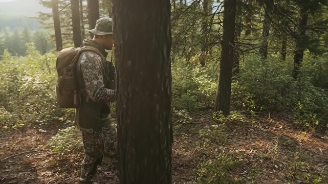 Outdoorsman navigating digital hunting terrain map with GPS focusing on varied forest canopy structure and water sources for tracking game.