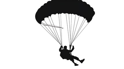 Solo parachuter silhouette descending with an open parachute against a clear white background.