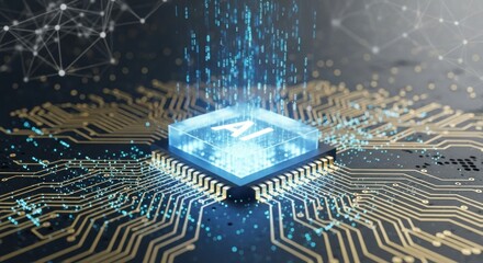 A computer chip with the letters 'AI' on it, surrounded by a circuit board and digital data.