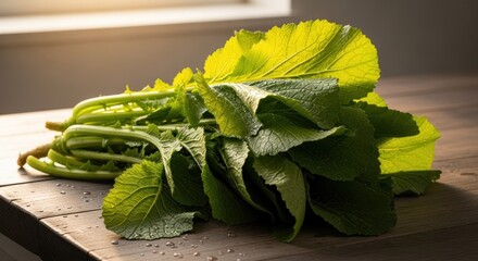 Fresh mustard greens on a wooden table creating a natural and healthy culinary scene