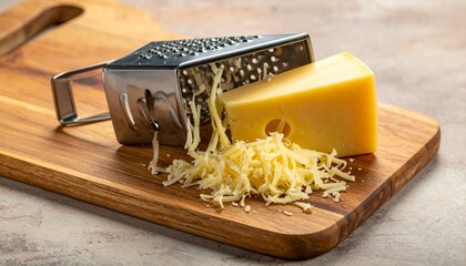 Freshly grated Swiss cheese with a metal box grater on a wooden cutting board.